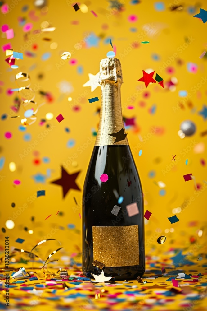 Fototapeta premium Celebration Sparkle A Cheerful Champagne Bottle, Elegantly Surrounded by a Colorful Festive Confetti Background