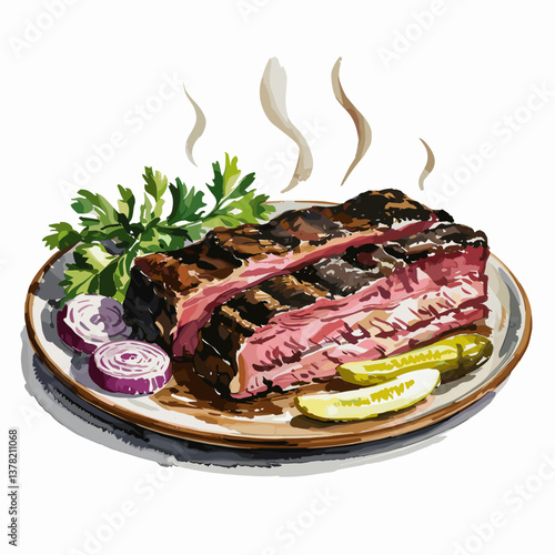 Watercolor Smoked Brisket Plate with Pickles and Onion