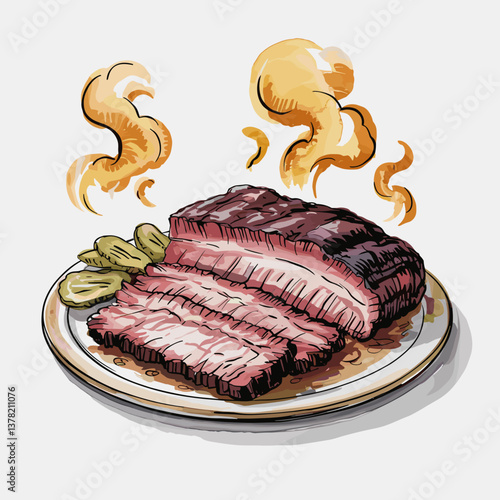 Watercolor Smoked Brisket Plate with Pickles and Onion