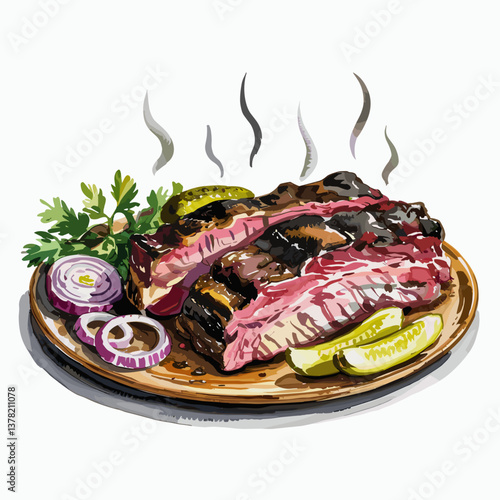 Watercolor Smoked Brisket Plate with Pickles and Onion