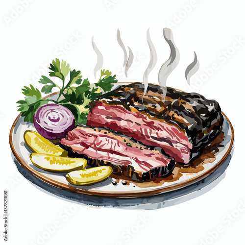 Watercolor Smoked Brisket Plate with Pickles and Onion