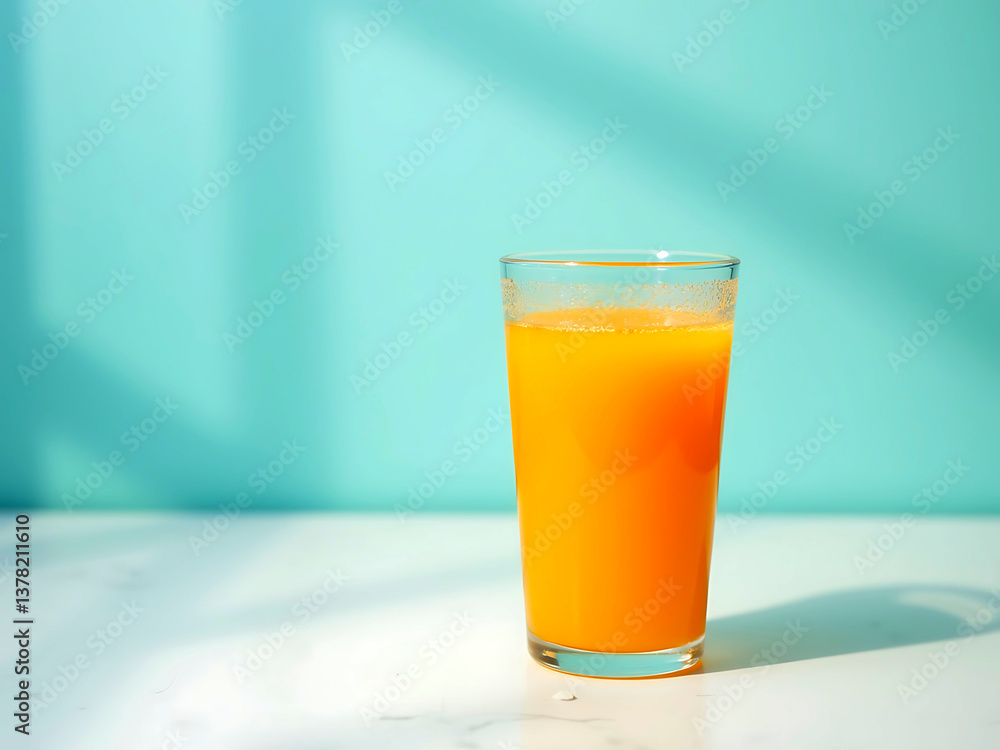 A refreshing glass of orange juice on a marble table with a soft blue background. Vibrant colors and fresh citrus vibes enhance the scene. A refreshing glass of orange juice on a marble table with a soft blue background. Vibrant colors and fresh citrus vibes enhance the scene.