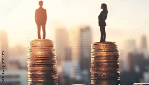 Gender pay gap depicted by unequal stacks of coins with figures on top