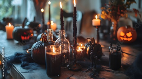 Halloween table decorated with black candles and potion bottles for a spooky effect