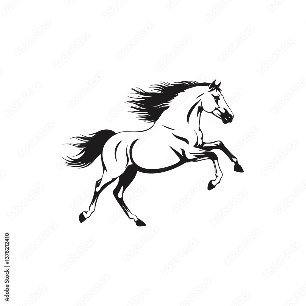Obraz premium A black and white vector silhouette of a rearing horse with its front legs raised on a white background
