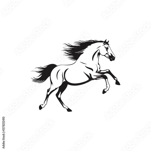 A black and white vector silhouette of a rearing horse with its front legs raised on a white background