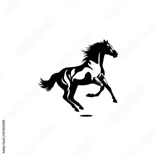 black and white vector silhouette of a trotting horse with a graceful stance on a white background