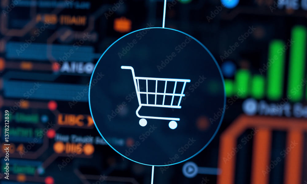 Shopping cart icon on a digital interface with abstract charts. Represents online shopping, e-commerce, and technology in finance or data analysis. Shopping cart icon on a digital interface with abstract charts. Represents online shopping, e-commerce, and technology in finance or data analysis.