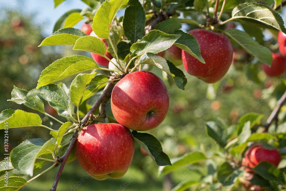 Sun-kissed red apples ripening on a lush green branch, a vibrant autumn harvest scene in a sun-drenched orchard. Sun-kissed red apples ripening on a lush green branch, a vibrant autumn harvest scene in a sun-drenched orchard.