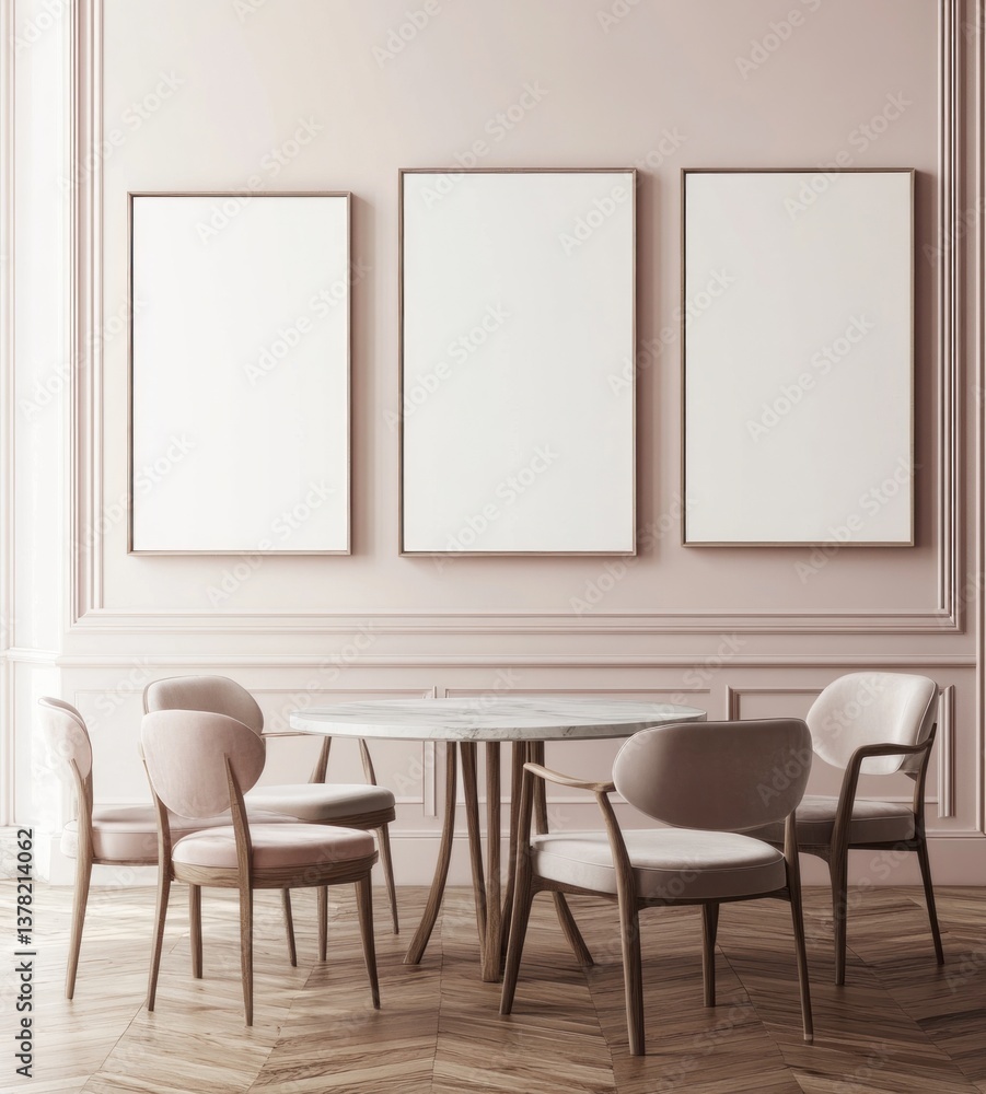 Fototapeta premium Pink room interior with round table and three blank canvases.