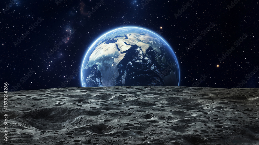 Obraz premium Earth Rising Over the Moon's Surface