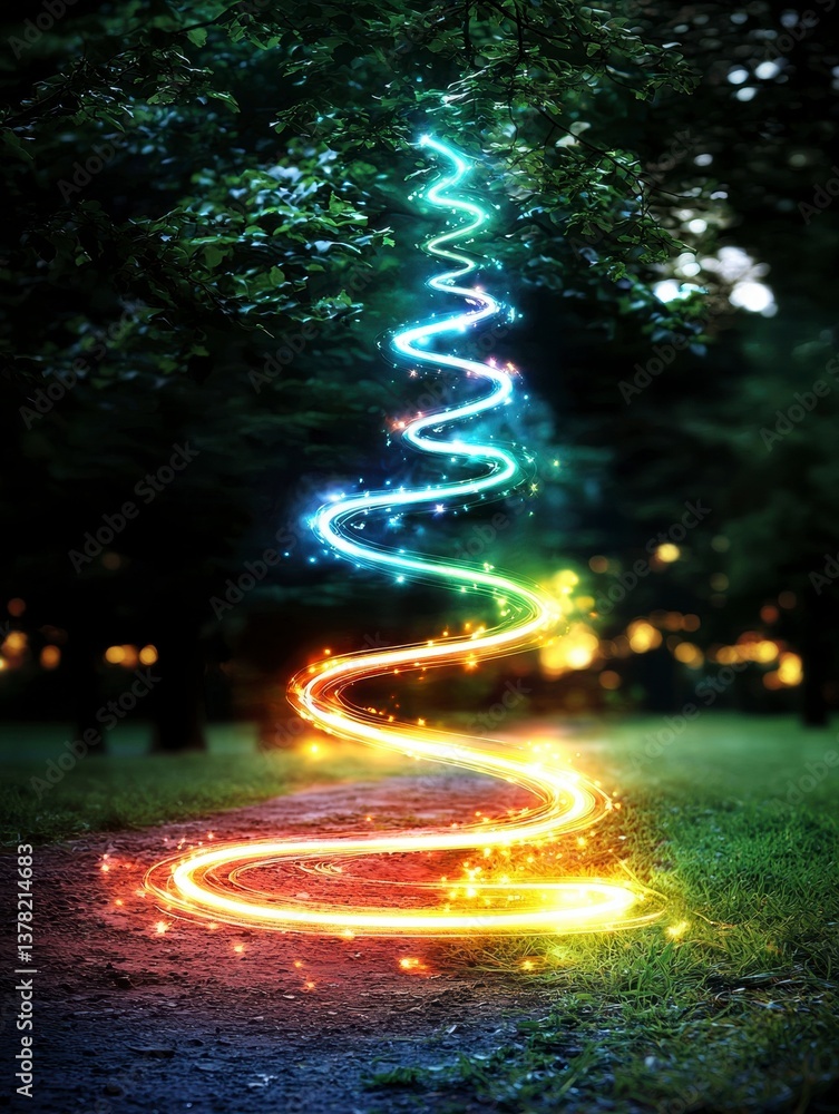 Obraz premium Magical light spiral installation outdoor park digital art nature low angle enchanting illumination experience