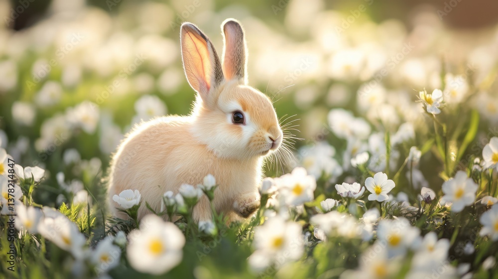 A small bunny sits in a field of white wildflowers A small bunny sits in a field of white wildflowers