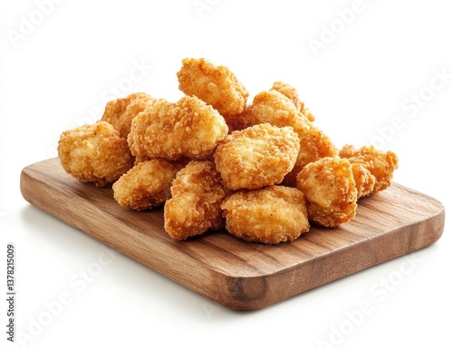 Crispy chicken bites on a wooden board