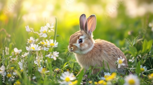 A fluffy bunny sits peacefully amongst the beautiful wildflowers and greenery