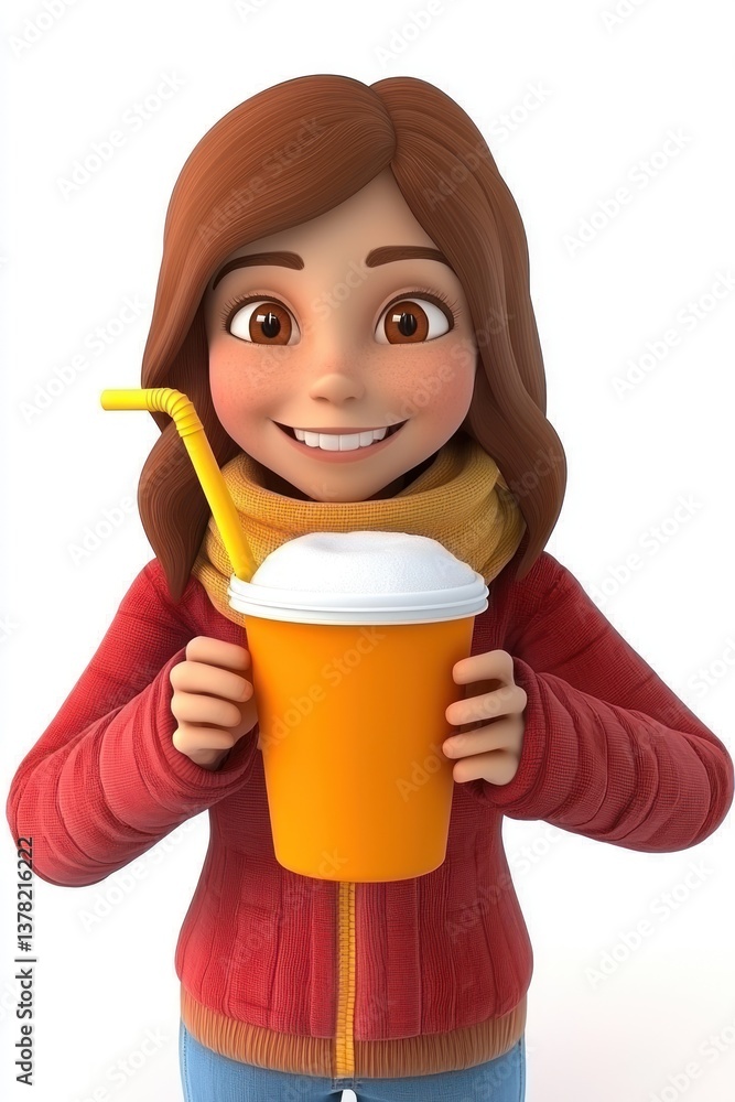 Cheerful young girl holding a refreshing drink in a colorful cup, with a warm scarf and bright smile, perfect for lifestyle themes. Cheerful young girl holding a refreshing drink in a colorful cup, with a warm scarf and bright smile, perfect for lifestyle themes.