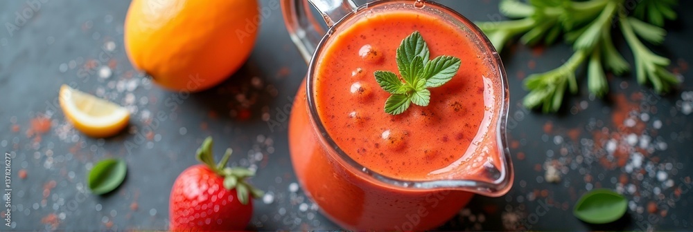 Refreshing strawberry orange smoothie with fresh mint garnish on a dark background Refreshing strawberry orange smoothie with fresh mint garnish on a dark background