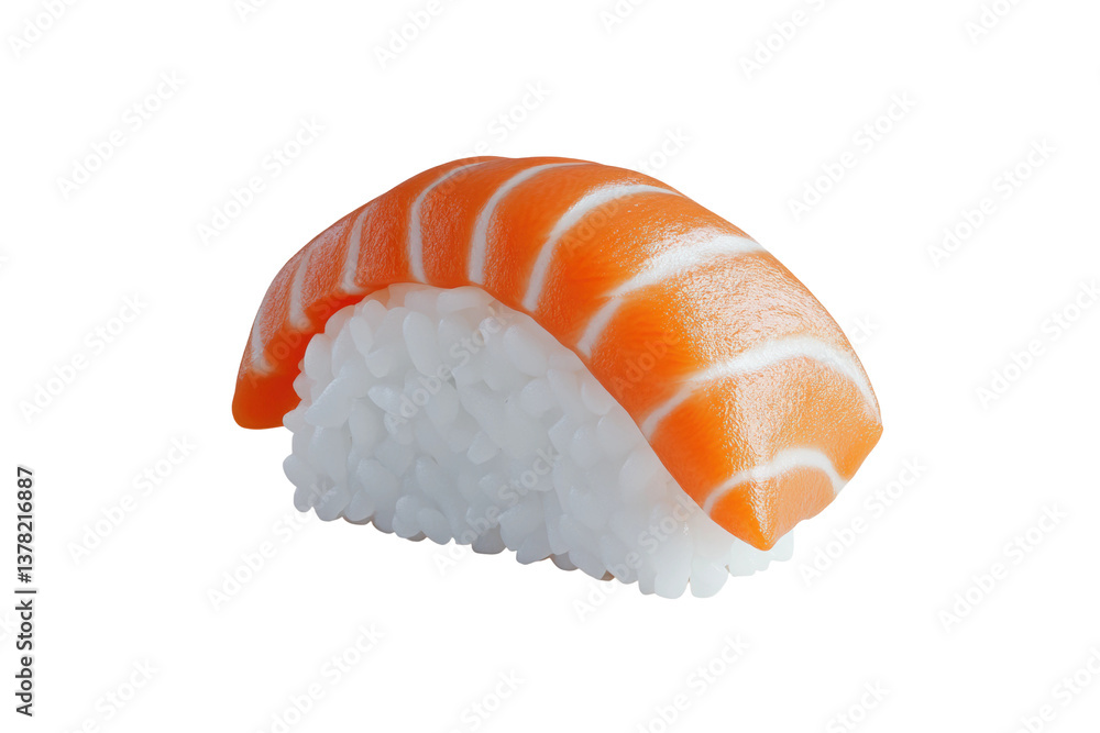 Appetizing salmon nigiri sushi with rice on black background, cut out