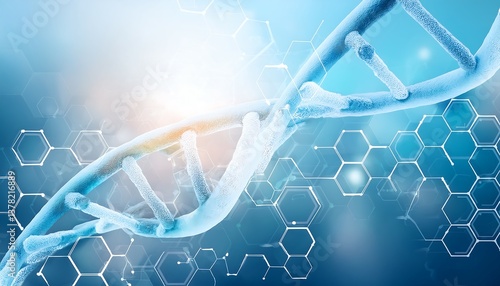 Elegant Medical Illustration with DNA Helices and Hexagonal Molecular Patterns in Light Gradient