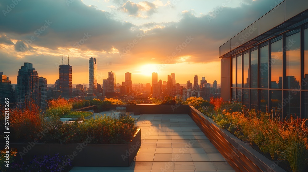 Fototapeta premium Stunning sunset cityscape view from a modern rooftop terrace with lush green plants and city skyline in the background.