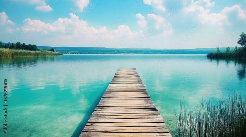 Fototapeta premium Top-down view of wooden pier on turquoise lake
