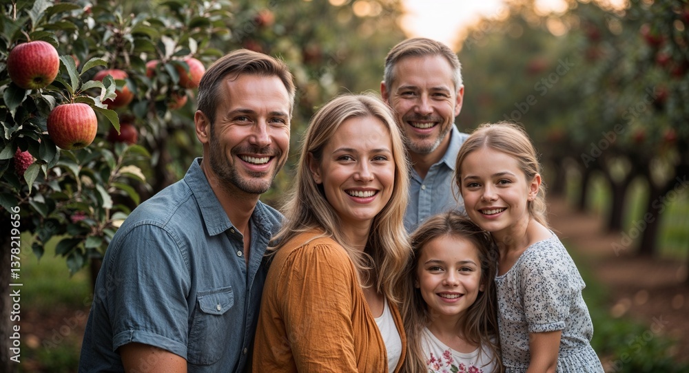 Obraz premium Happy family smiling in rustic orchard with apple trees background portrait photo 