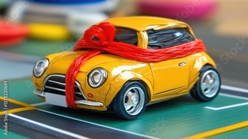 A small yellow toy car is wrapped with a red ribbon, ready to give to someone special