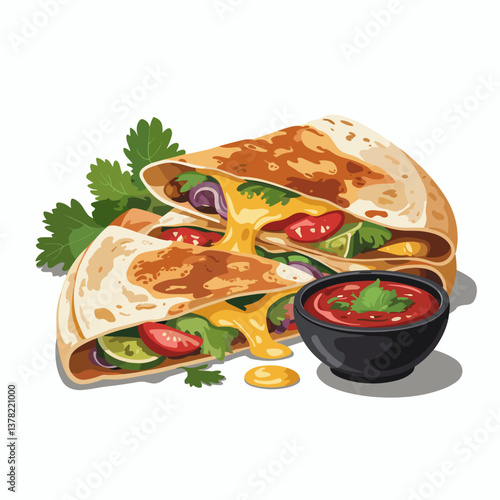 Cheesy Quesadilla Cartoon with Salsa Dipping Bowl