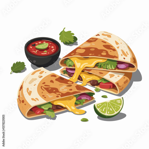 Cheesy Quesadilla Cartoon with Salsa Dipping Bowl