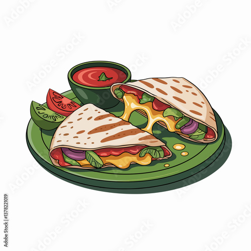 Cheesy Quesadilla Cartoon with Salsa Dipping Bowl