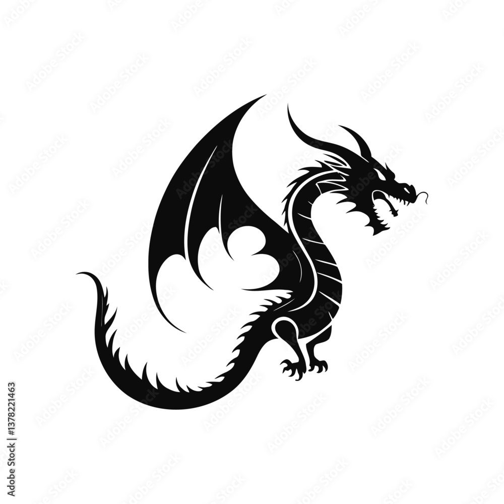 black and white vector illustration of a fire-breathing dragon in a dynamic pose on a white background black and white vector illustration of a fire-breathing dragon in a dynamic pose on a white background