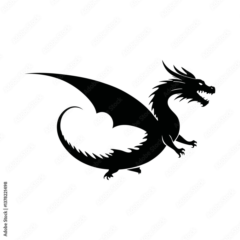 Fototapeta premium A black and white vector silhouette of a dragon perched on a rock with its wings folded on a white background
