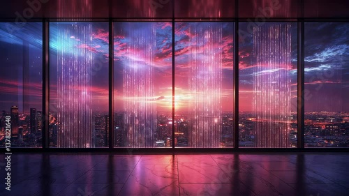 Digital city skyline sunset loop video footage with data streams, modern futuristic cityscape motion background clip for technology presentations and cyberpunk visuals.