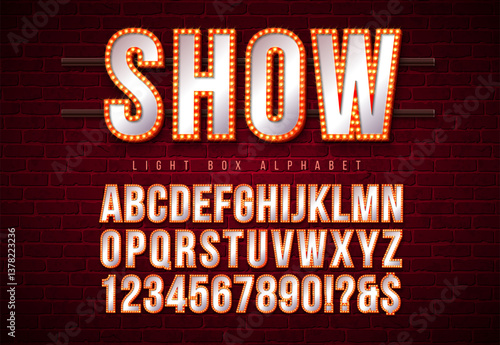 Vector Light Bulb Alphabet with Red Frame and Shadow on Brick Wall Background. Glowing Retro Font Collection with Shiny Bright Lights. ABC and Number Design for Casino, Night Club or Cinema. Layered