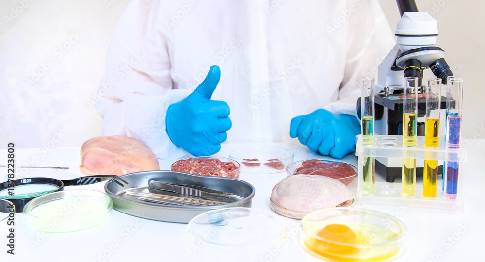 Fototapeta premium Examine meat in the laboratory. Selective focus.