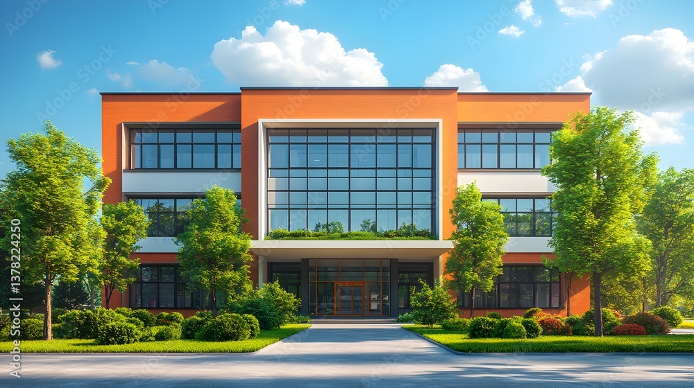 A modern orange commercial building with large and green landscaping sits on a sunny day. A modern orange commercial building with large and green landscaping sits on a sunny day.