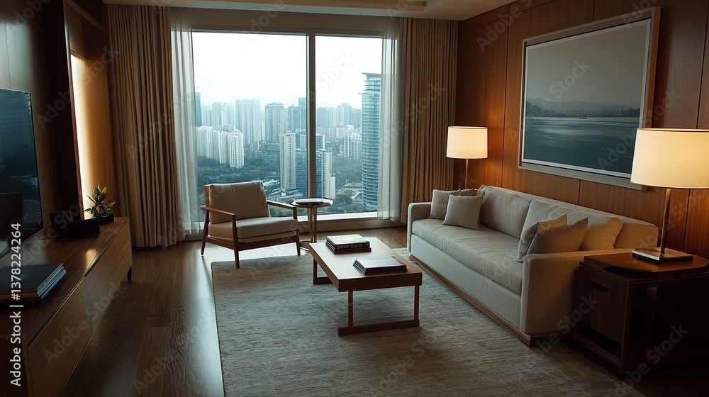 Fototapeta premium Luxury cozy living room with high-end furniture overlooking city skyline modern interior design bright and spacious