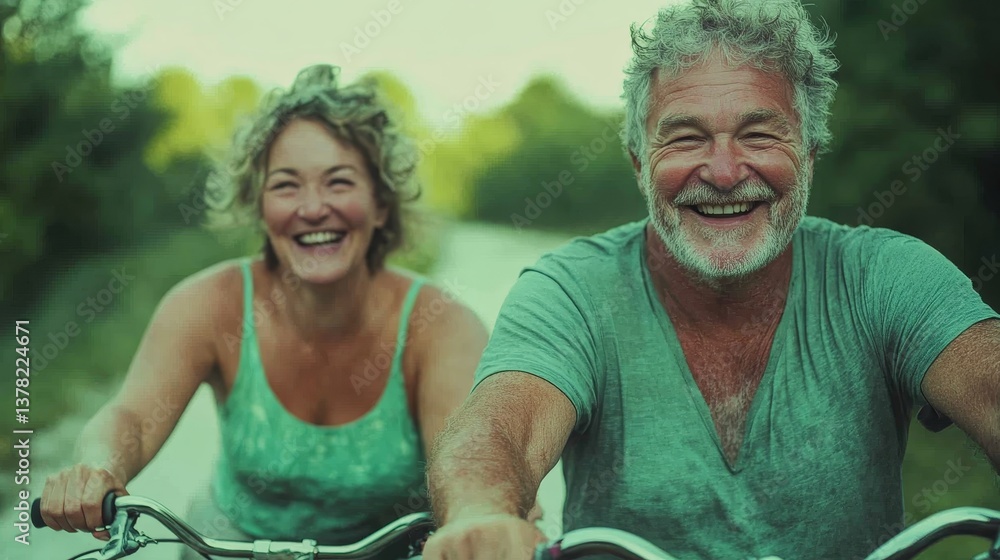 Active mature couple laughing while biking in nature on summer day