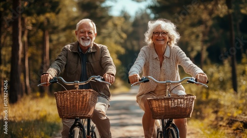 Obraz na płótnie Happy senior couple cycling together on forest path enjoying healthy outdoor lifestyle w salonie