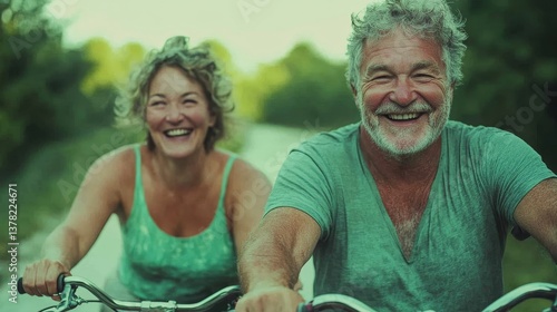 Obraz na płótnie Active mature couple laughing while biking in nature on summer day w salonie