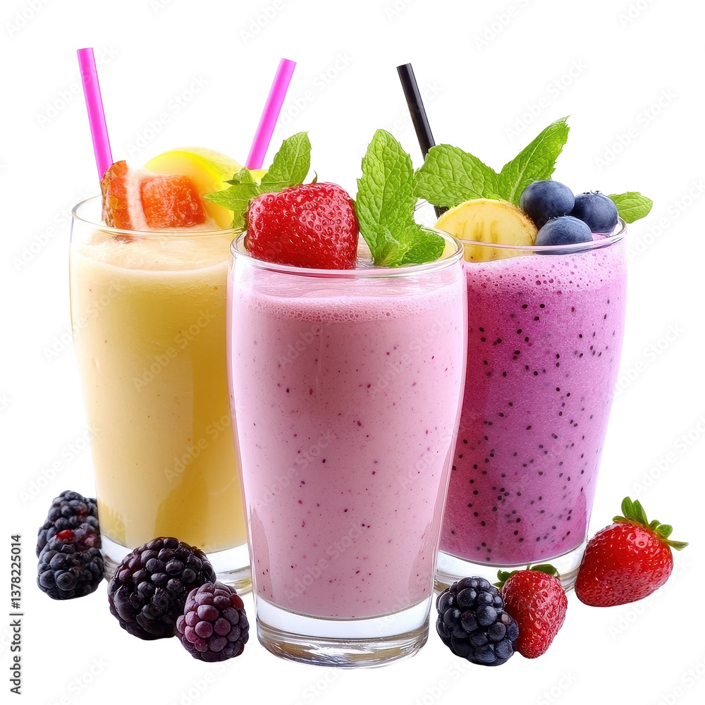 Refreshing fruit smoothies in vibrant colors on a white background showcasing healthy beverages, Fruit Smoothies Isolated on a White Background Refreshing fruit smoothies in vibrant colors on a white background showcasing healthy beverages, Fruit Smoothies Isolated on a White Background