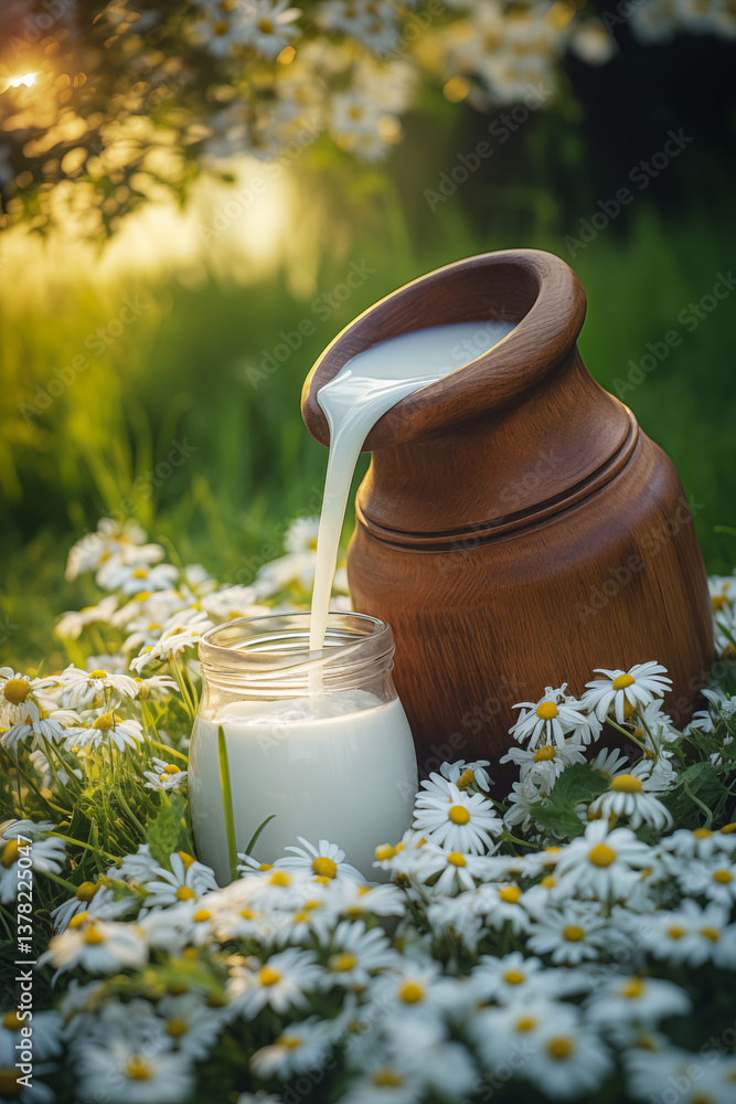 Pouring milk in a glass over chamomile. Generative AI Pouring milk in a glass over chamomile. Generative AI