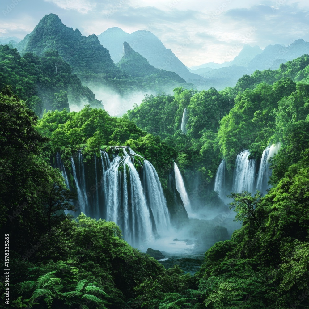 Fototapeta premium Majestic waterfalls cascading in lush verdant tropical forest with misty mountain backdrop