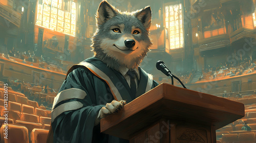 A wolf in a graduation robe and mortarboard, standing at a lectern in a large, brightly lit auditorium