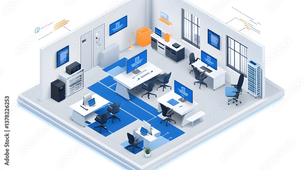 An isometric illustration depicts a modern tech office space with multiple workstations computers servers and network equipment. An isometric illustration depicts a modern tech office space with multiple workstations computers servers and network equipment.