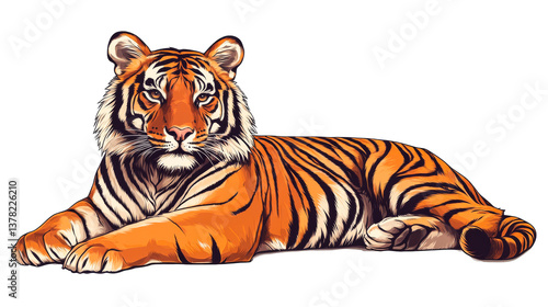 Relaxed orange tiger laying, illustration, detailed, cut out transparent