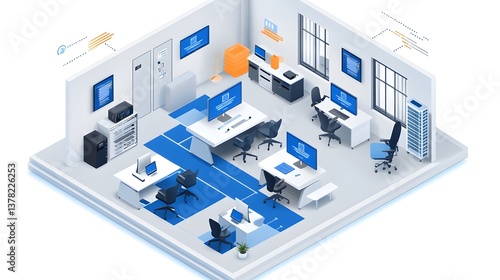 An isometric illustration depicts a modern tech office space with multiple workstations computers servers and network equipment.