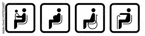 Set of icons of sitting people. Set of stickers of priority places for people with disabilities. Symbols for public place, bus, waiting room. Vector illustration.