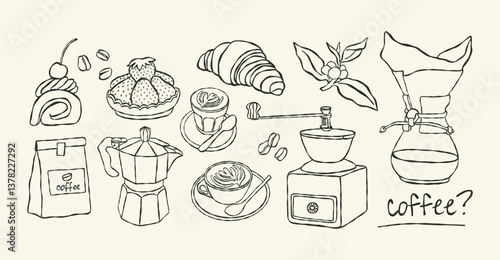 Elegant сollection of various coffee and dessert items. Minimalist aesthetic hand drawn vector Illustration.