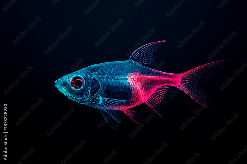 A neon tetra glowing in vibrant blue and red, delicate scales captured in extreme detail, soft studio lighting against a deep black background, hyperrealistic National Geographic portrait A neon tetra glowing in vibrant blue and red, delicate scales captured in extreme detail, soft studio lighting against a deep black background, hyperrealistic National Geographic portrait